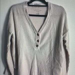 American Eagle Outfitters Cream Waffle V-Neck Henley Sweater